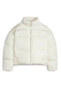 Gekürzte Daunenjacke in Creme mit hohem Kragen, Frontreißverschluss und dezentem Branding auf der Brust. Merkmale eine steppierte Textur.