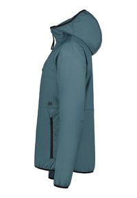Ljus teal vattentät jacka med huva, elastiska ärmslut och dragkedjefickor. Designen är strömlinjeformad med en matt yta.