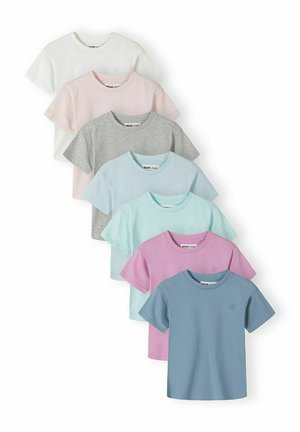 Stos siedmiu gładkich koszulek z krótkim rękawem w kolorach: biały, różowy, szary, jasnoniebieski, mięta, lawenda i niebieski, ułożonych diagonalnie.
