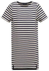 Abito a righe con maniche corte, caratterizzato da righe orizzontali alternate di blu navy e bianco sporco, taglio dritto e fessure laterali all'orlo.