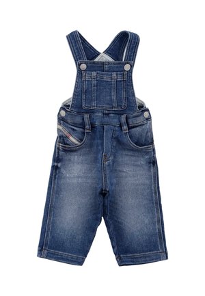 Denim tuinbroeken met verstelbare bandjes, twee voorzakken en een vervaagde blauwe kleur. Heeft kenmerkende stiksels en metalen knopen.