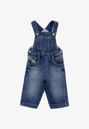 Denim tuinbroeken met verstelbare bandjes, twee voorzakken en een vervaagde blauwe kleur. Heeft kenmerkende stiksels en metalen knopen.