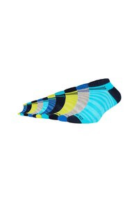 Set aus sechs niedrigen Socken in verschiedenen Farben: Blau, Grau, Gelb, mit gestreiften und einfarbigen Mustern. Hergestellt aus Stoff mit gerippten Bündchen.