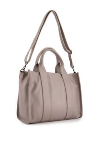 Graue Lederhandtasche mit doppelten Griffen und einem abnehmbaren Schultergurt. Verfügt über eine strukturierte Oberfläche und kontrastierende Seitennaht.