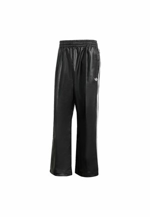 Black synthetic track pants with an elastic waistband, featuring white side stripes and a small white logo on the left hip.