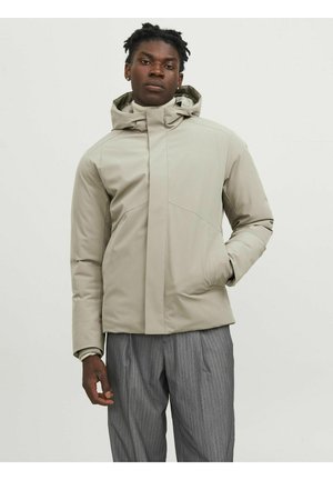 Lichtgrijze hoodie-jack met een gladde, matte afwerking. Voorzien van een ritssluiting, zakken aan de zijkanten en gestikte panelen. Gekleed over gestreepte broeken.