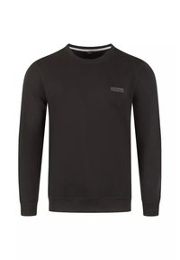 Czarny długi rękaw sweter z okrągłym dekoltem. Wykonany z teksturowanej tkaniny, z małą naszywką logo na piersi i ściągaczami przy rękawach.