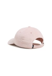 Light pink corduroy baseball cap with a curved brim, adjustable back strap, and logo tag on the side. Features vertical ribbed texture.