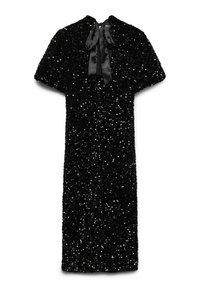 Melna kleita, kas pārklāta ar spīdumiem, īsām piedurknēm un ar loku aizmugurē. Taisna griezuma dizains ar gludu tekstūru un atstarojošu virsmu.