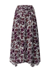 Witte midi-rok met paarse, bruine en rode bloemenpatronen, luchtige stof en een asymmetrische zoom.