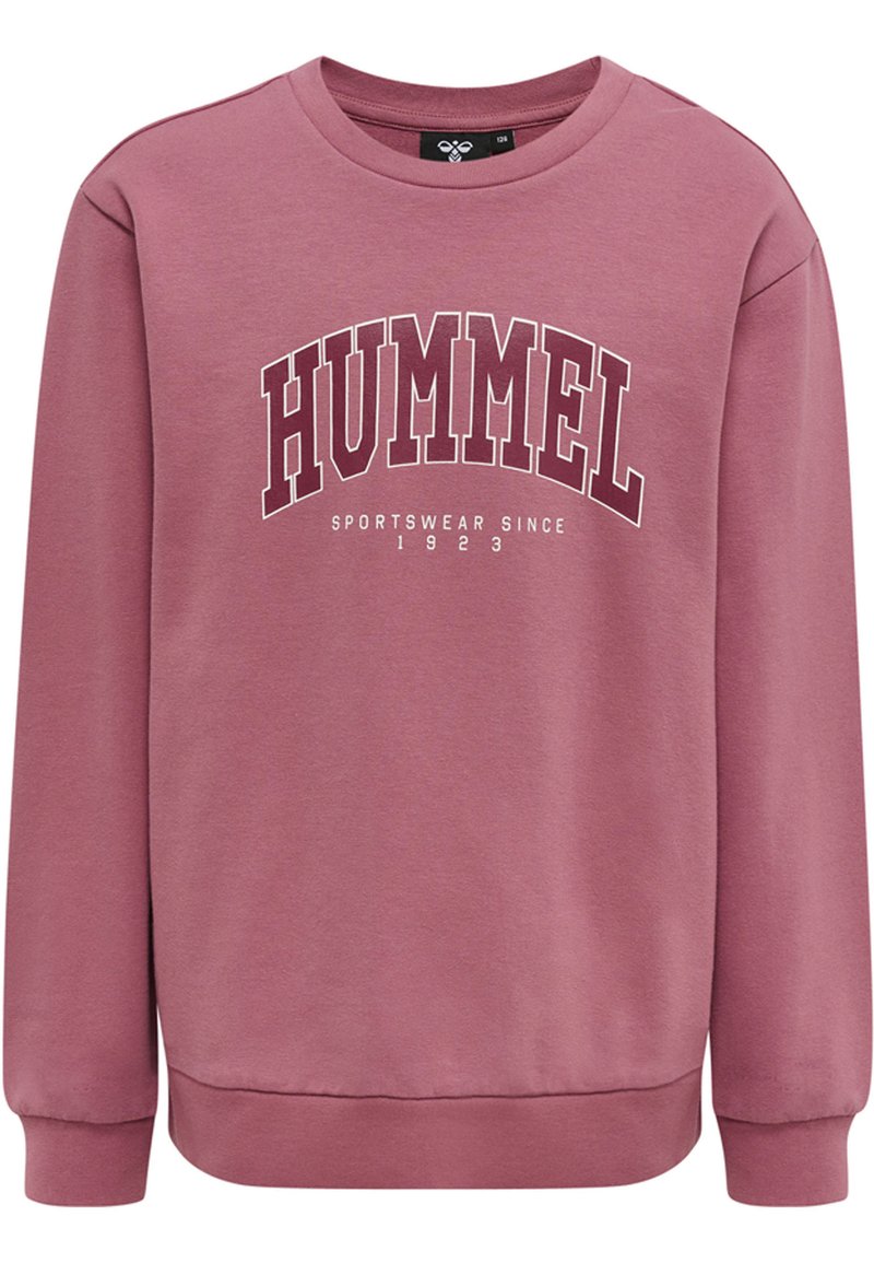 Rosa crewneck sweatshirt i mjukt tyg, med en kontrasterande vit "HUMMEL"-logga och etableringsdatum, samt ribbade muddar och nederkant.