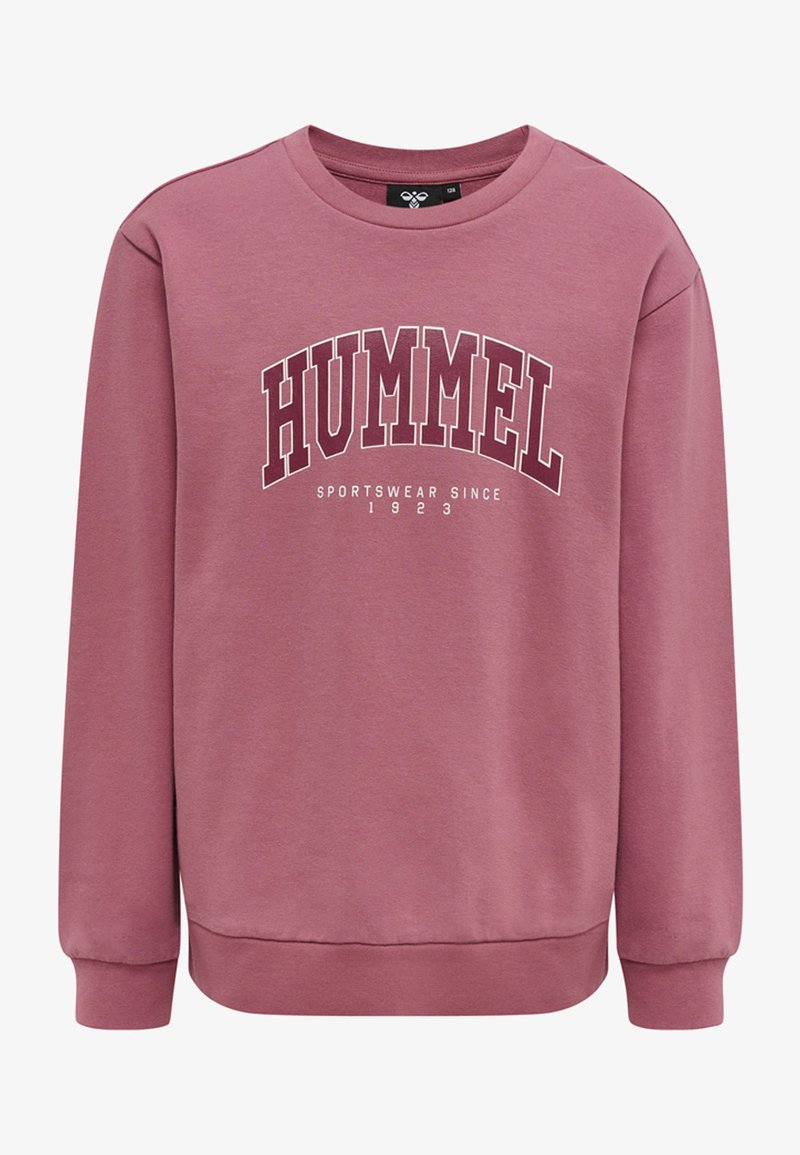 Rosa crewneck sweatshirt i mjukt tyg, med en kontrasterande vit "HUMMEL"-logga och etableringsdatum, samt ribbade muddar och nederkant.