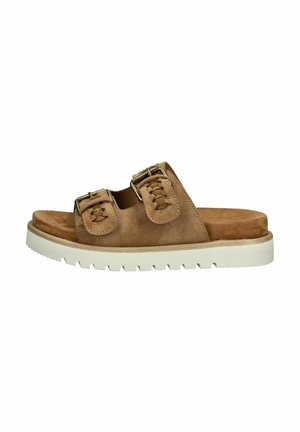Brown suede slide sandal featuring two adjustable buckled straps, a molded footbed, and a contrasting white rubber sole with a textured tread.