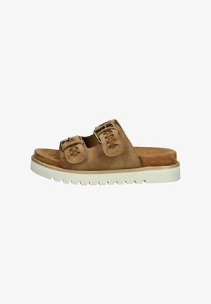 Brune ruskind slidersandal med to justerbare spænder, en formet fodseng og en kontrasterende hvid gummisål med struktureret slidbane.