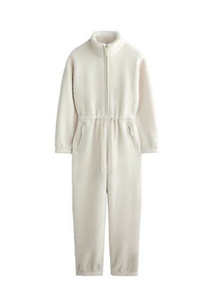 Fleece-Overall in Offwhite mit hohem Kragen, Frontreißverschluss, verstellbarem Kordelzug in der Taille und seitlichen Reißverschlusstaschen für Funktionalität.