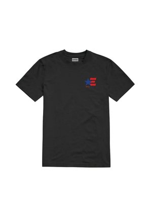 Camiseta de algodón negra con mangas cortas. Presenta un gráfico rojo y azul de una estrella y la letra "E" en el área del pecho izquierdo.