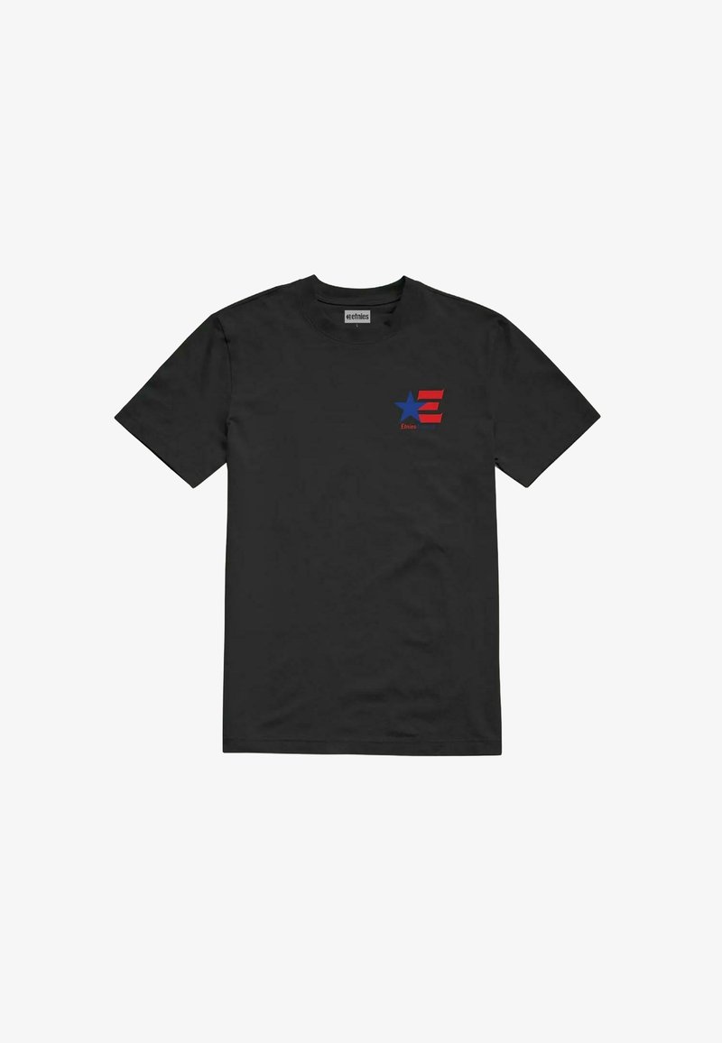 Camiseta de algodón negra con mangas cortas. Presenta un gráfico rojo y azul de una estrella y la letra "E" en el área del pecho izquierdo.