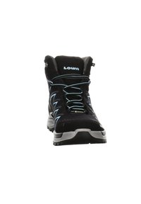 Black hiking boot with blue accents, synthetic and textile materials, high ankle design, featuring a textured surface and rubber sole.
