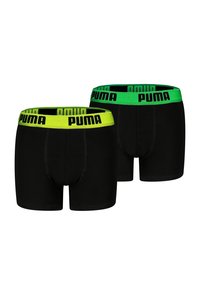 Schwarze Boxershorts mit grünem und gelbem Gummibund und dem Puma-Logo. Hergestellt aus einem dehnbaren, bequemen Stoff.