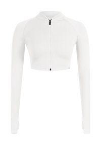 Veste blanche cropped à manches longues avec un col haut, design ajusté et fermeture éclair frontale. Texture côtelée et détail de fermeture éclair noire.