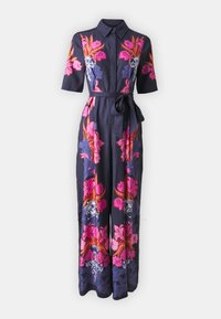 Blomstermønstre maxi-kjole i marineblått stoff. Har korte ermer, krage og belte med knyting. Spesielle livlige mønstre i rosa, blå og oransje blomster.