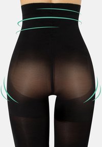 Shapewear nero a vita alta realizzato in tessuto liscio e trasparente. Presenta una gradazione di opacità che passa da opaco a trasparente sulle cosce.