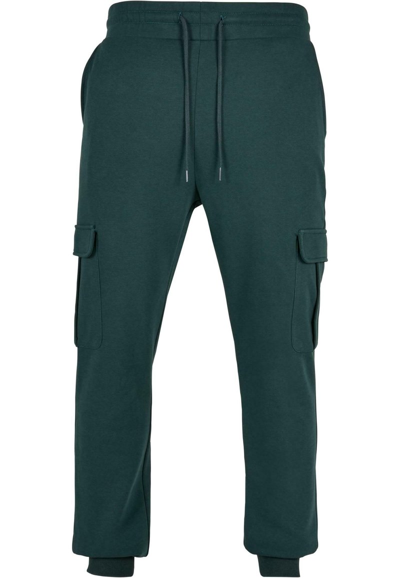 Pantaloni joggers de culoare verde închis, realizati dintr-un amestec de bumbac. Au un tiv elastic la talie cu șnururi și buzunare laterale pentru cargo. Manșete la glezne.