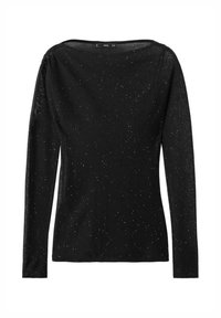 Black long-sleeve top made of lightweight fabric, featuring a slightly loose fit and scattered silver glitter accents throughout.