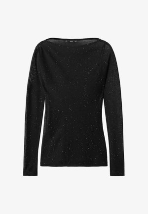 Crna majica dugih rukava od laganog materijala, s lagano širokim krojem i raspršenim srebrnim šljokicama.