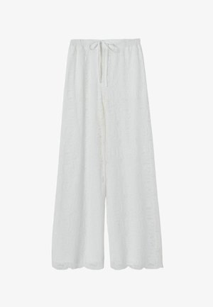 Pantalones blancos de pierna ancha con cintura elástica y cordón, con un sutil patrón de encaje con ojales en toda la prenda.