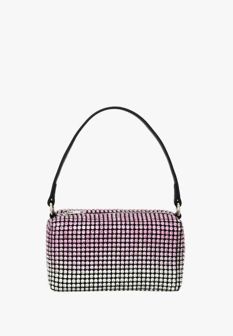 Táska, amely téglalap alakú, fekete alapon rózsaszín és fehér strasszokkal díszítve, rövid fekete fülekkel és cipzáras záródással.