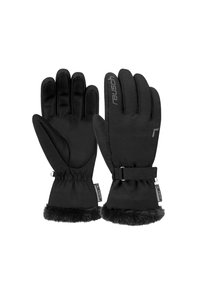Guantes de invierno negros hechos de material suave con ribete de piel sintética, puños elásticos y una correa de cierre para un ajuste seguro. Logotipo de la marca visible.