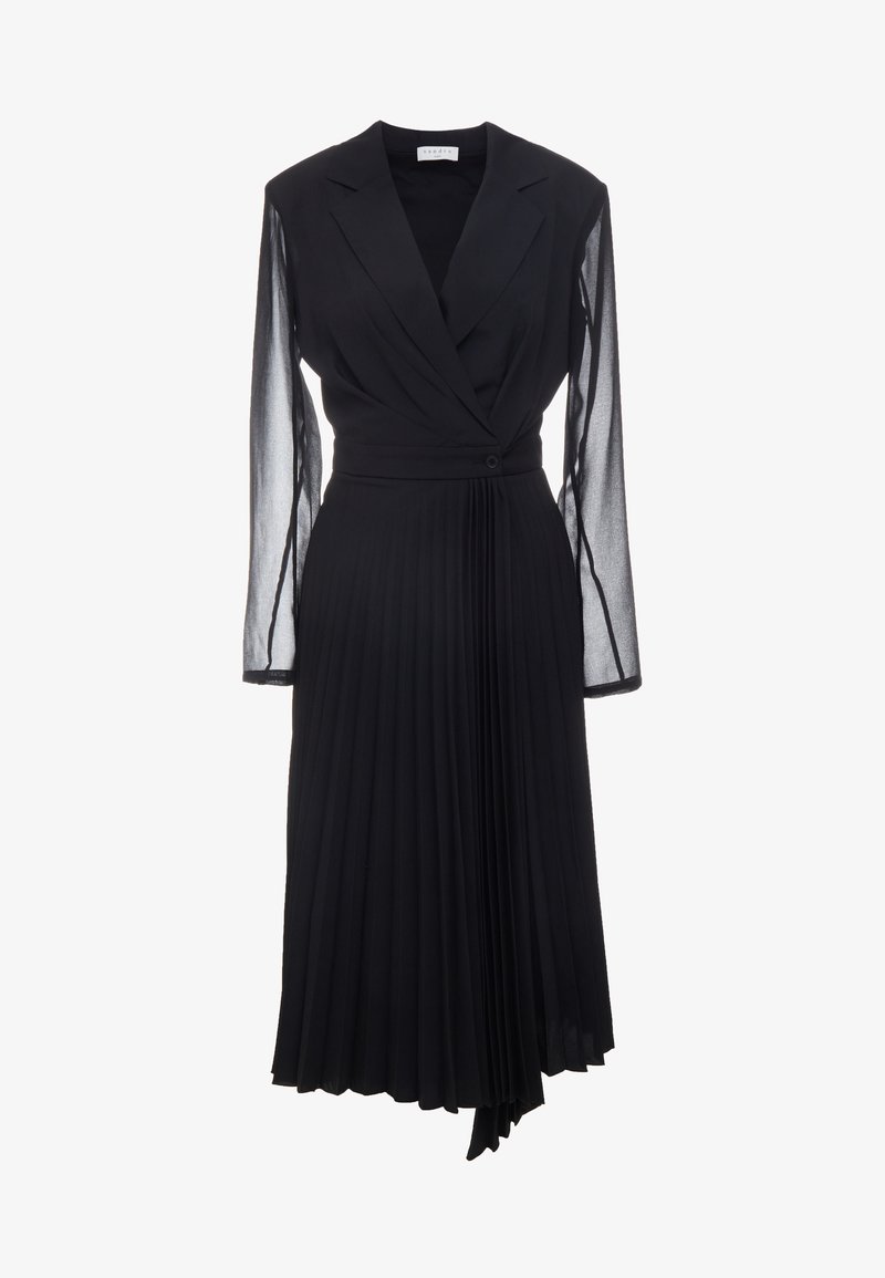 sandro house pleated midi dress SANDRO VICTOIRE SILK-WOOL POLO PLEATED KNIT MIDI DRESS Dark Blue