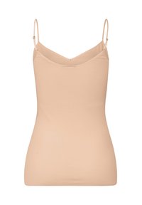 Nude camisole top dengan tali tipis yang dapat disesuaikan, terbuat dari kain halus. Memiliki leher v dan desain yang fit tanpa hiasan.