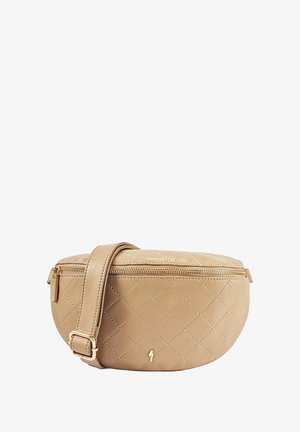 Beżowa skórzana torebka typu crossbody pikowana, z zamkiem błyskawicznym i długim regulowanym paskiem. Posiada diamentowy wzór i złote akcenty.