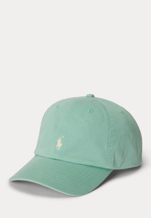 Casquette de baseball vert clair avec visière courbée et petit logo brodé d'un cheval et d'un cavalier sur le panneau avant, affichée sur fond blanc.