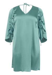 Robe en satin bleu canard avec un décolleté en V et des bretelles à nouer. Présente des manches froncées avec liens ajustables, un ourlet droit et une texture légère.