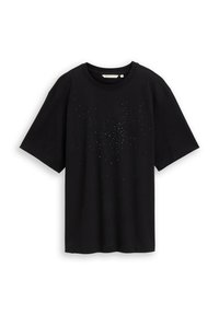 Zwarte kortbij mouwen t-shirt gemaakt van katoen, met een sprinklespatroon van kleine glanzende applicaties op de voorkant.