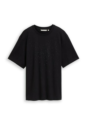 Juoda trumpa rankovėmis marškinėliai, pagaminti iš medvilnės, su puošniu mažų blizgančių dekoracijų raštu priekyje.