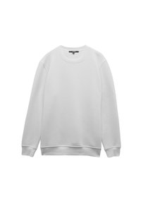 Sudadera blanca de cuello redondo hecha de una suave mezcla de algodón, con puños y dobladillo acanalados, texturizada de manera suave y con un diseño minimalista.
