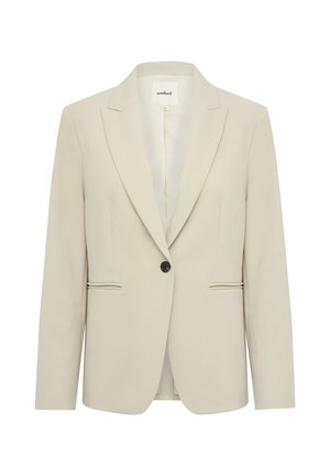 Beige kavaj med sjalkrage, en svart knapp, två framfickor och en skräddarsydd passform. Slät tyg med en lätt lyster.