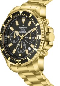 Goldene Edelstahl-Uhr mit schwarzem Zifferblatt, leuchtenden Markierungen und drei Unterdials. Verfügt über eine drehbare Lünette und eine Wasserdichtigkeit von bis zu 100 m.