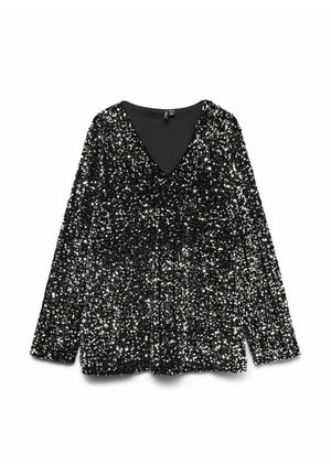 Haut noir à manches longues avec un col en V, couvert de sequins brillants créant une surface texturée. La doublure intérieure est noire unie et lisse.
