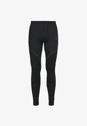Czarne legginsy sportowe wykonane z elastycznego materiału, z dopasowanym krojem, kontrastowymi szwami i mankietami u dołu.