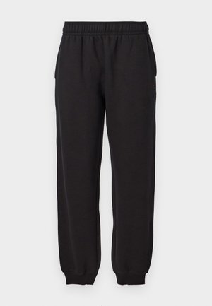 Pantaloni de trening negri cu talie elastică, glezne cu elastic și buzunare laterale. Material moale cu o textură fină, potrivit pentru purtarea casual.