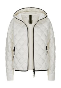 Weiße gesteppte Steppjacke mit Kapuze, schwarzem Reißverschluss und Seitentaschen. Verfügt über elastische Bündchen und einen Kordelzug an der Taille zur Anpassung.