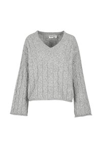 Šedý pletený svetr s výstřihem do V, krátký střih a širokými rukávy. Má copánkový vzor a měkkou texturu.