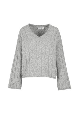 Grijs gebreide trui met een V-hals, cropped ontwerp en ruime mouwen. Heeft een kabelgebreid patroon en zachte textuur.