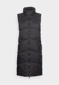 Svart ärmlös pufferväst med hög krage, dragkedja framtill, sidofickor och ett kviltat mönster med diagonala sömmar.