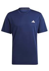 Marinblå atletisk t-shirt i andningsbar tyg; har en rund hals och en vit logotyp på vänster bröst. Texturerad yta med korta ärmar.